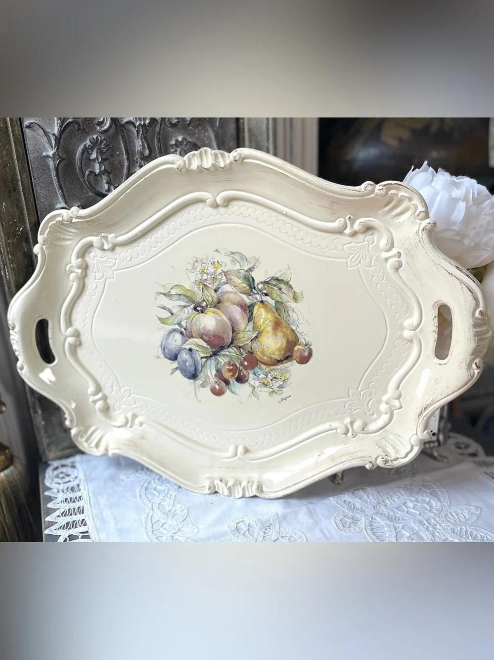 Vintage Florentine serving tray Italy cream white flowers French country cottage